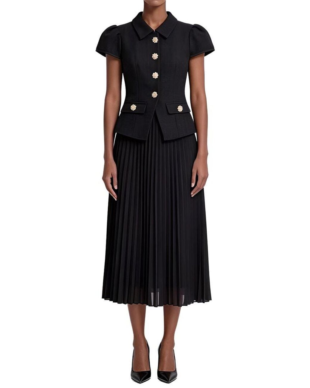 Linda Charm Black Short Sleeve Midi Dress