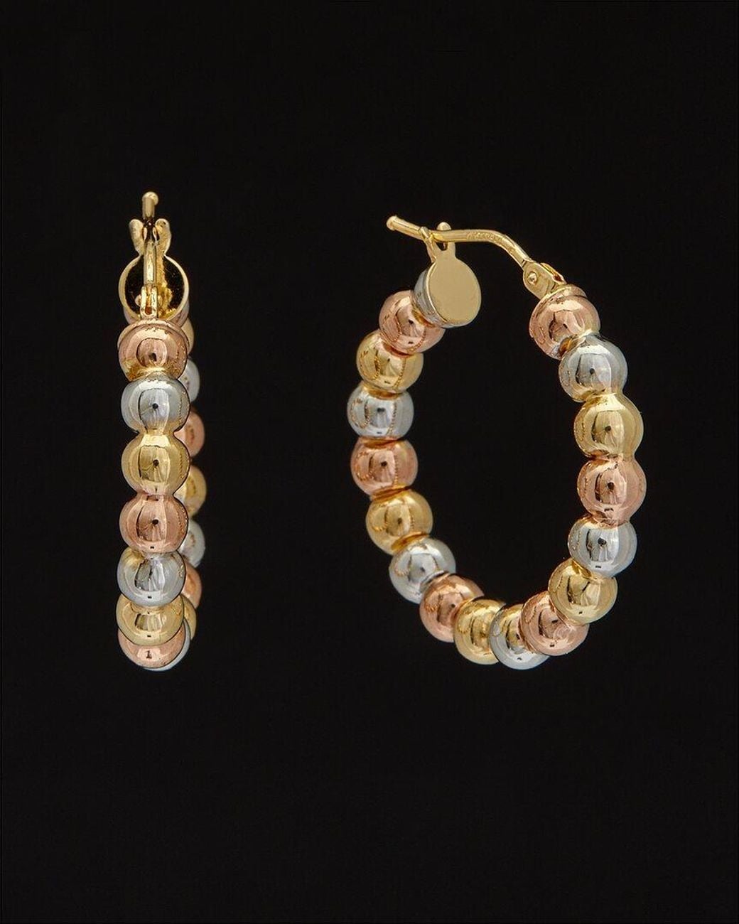 Italian Gold Black 14k Italian Tri-tone Gold Beaded Hoops