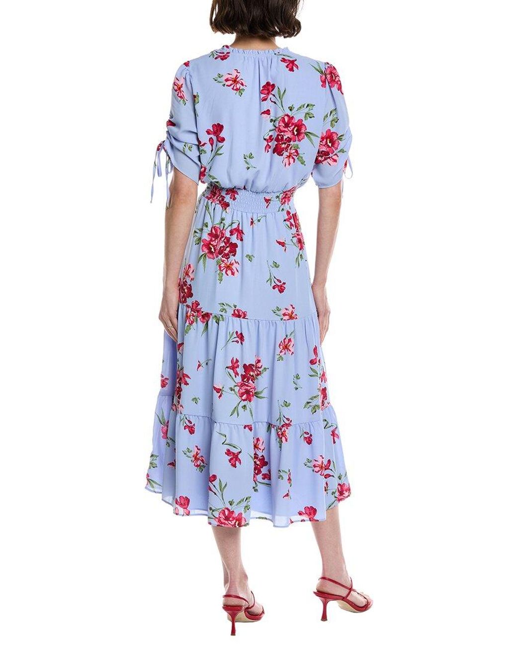 Cece Blue Ruched Smocked Waist Tiered Midi Dress