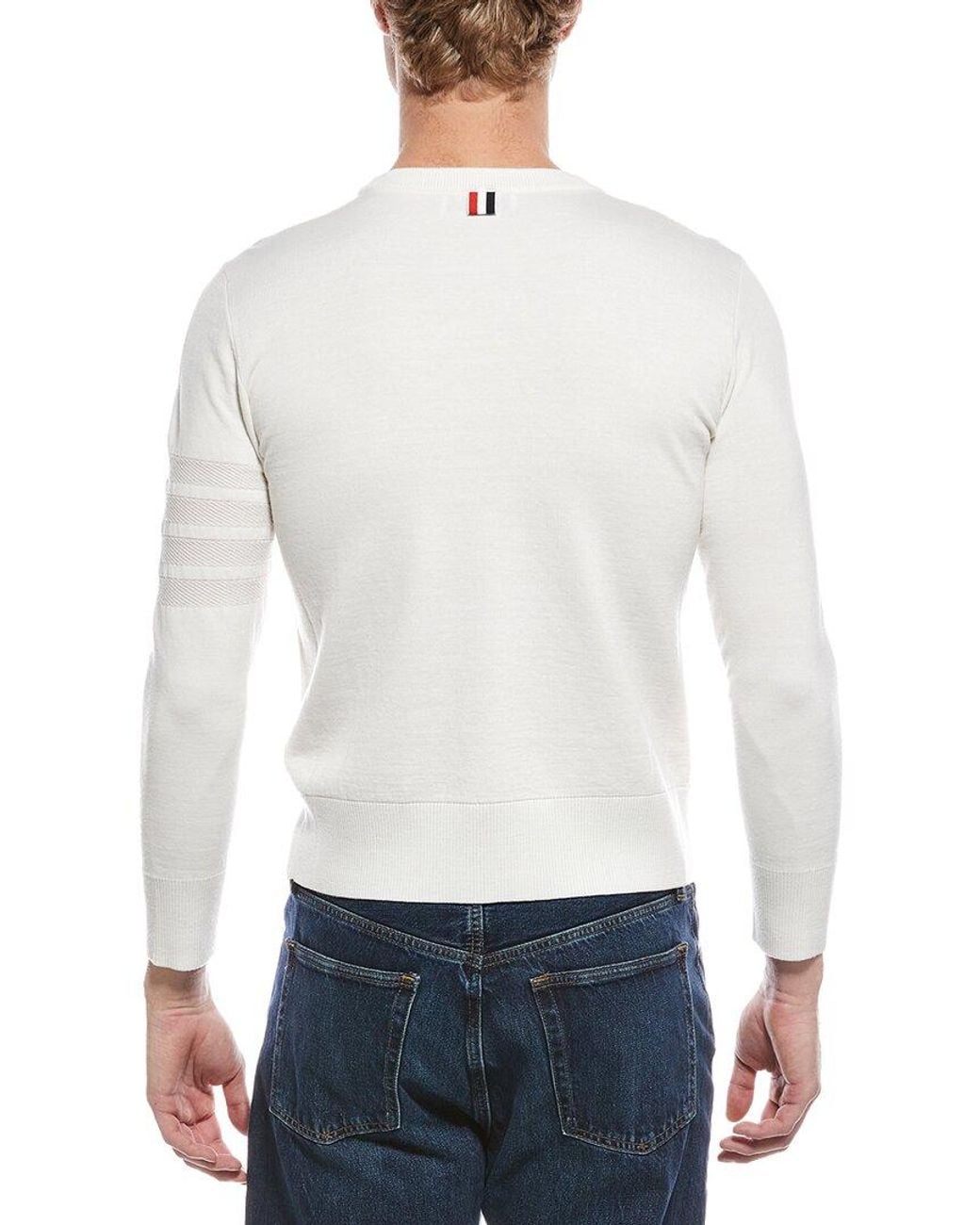 Thom Browne White Merino 4 Bar Wool & Linen-Blend Crewneck Sweater for men