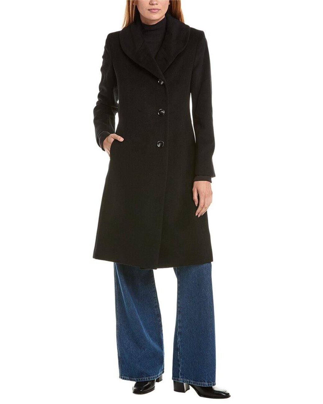 Sofiacashmere Black Sofiacashmere Round Collar Wool & Cashmere-Blend Coat