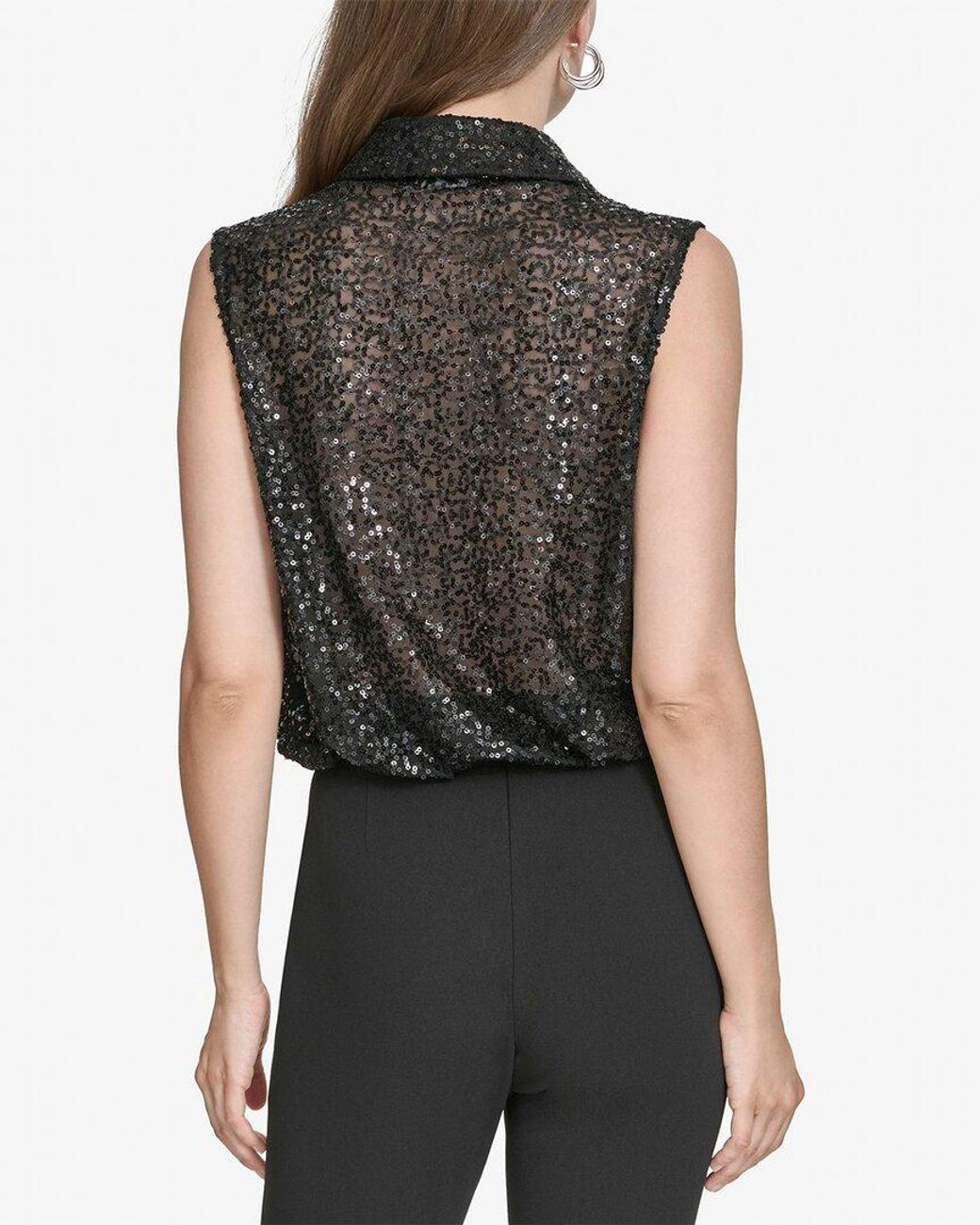 Halston Heritage Black Collared Sequin Top