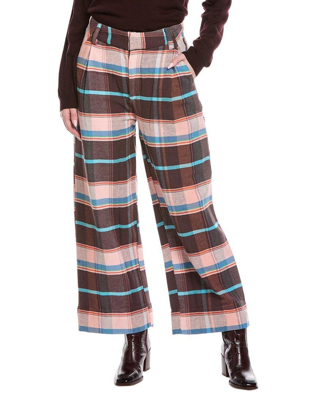 Free People Brown Buckle Back Plaid Trouser