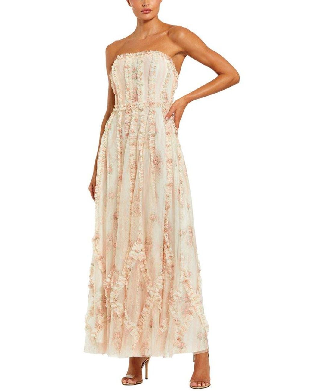 Mac Duggal Natural Mesh Micro Ruffle Strapless Gown