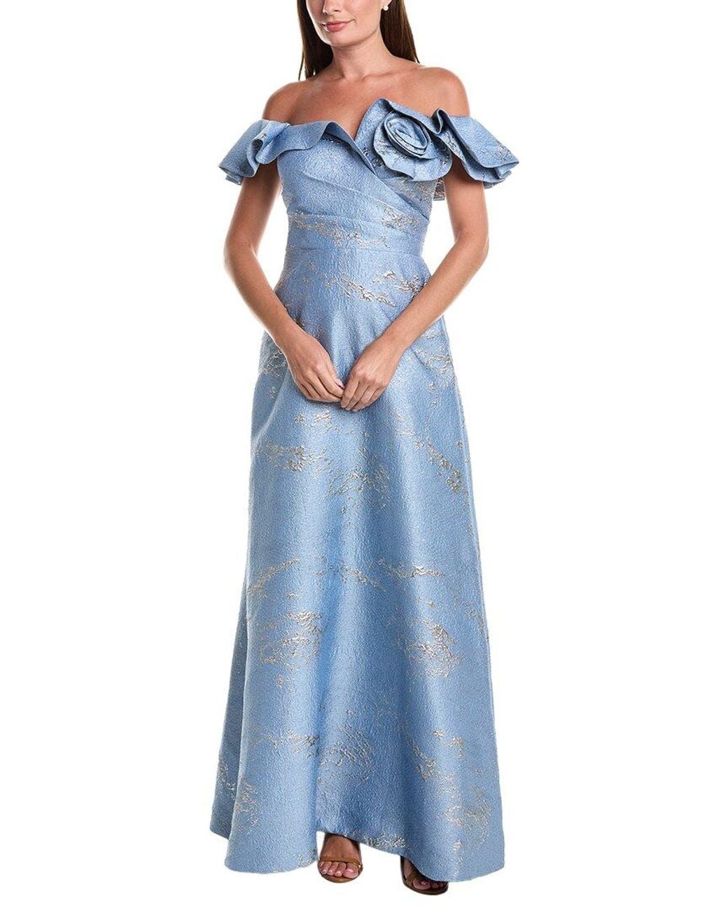 Teri Jon Blue Jacquard Ruffle Off-Shoulder Dress