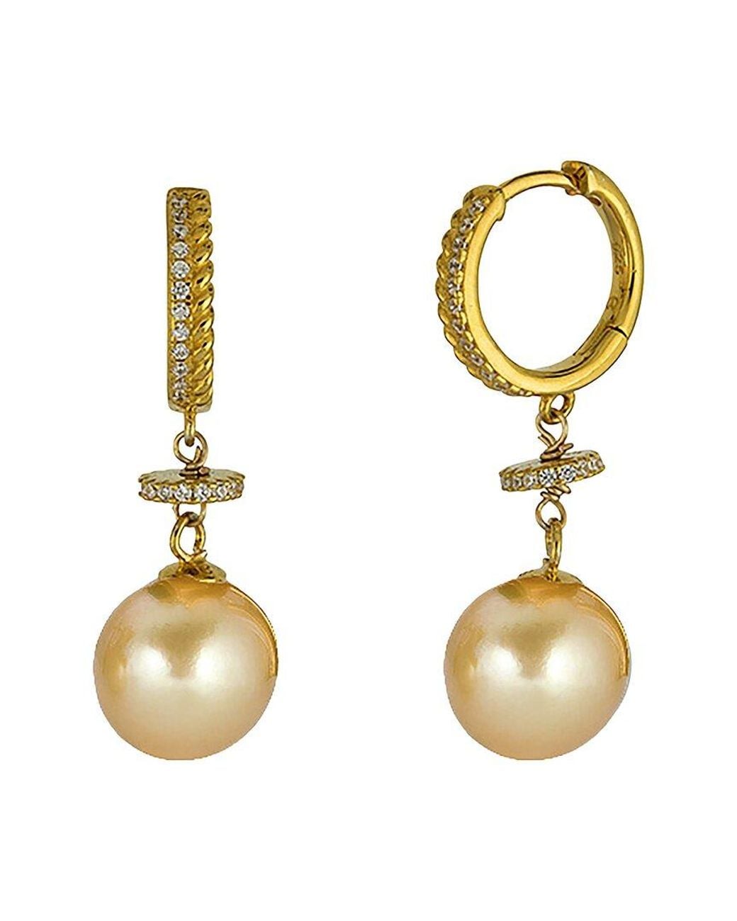 Belpearl Metallic Plated 9Mm Pearl Cz Dangle Earrings