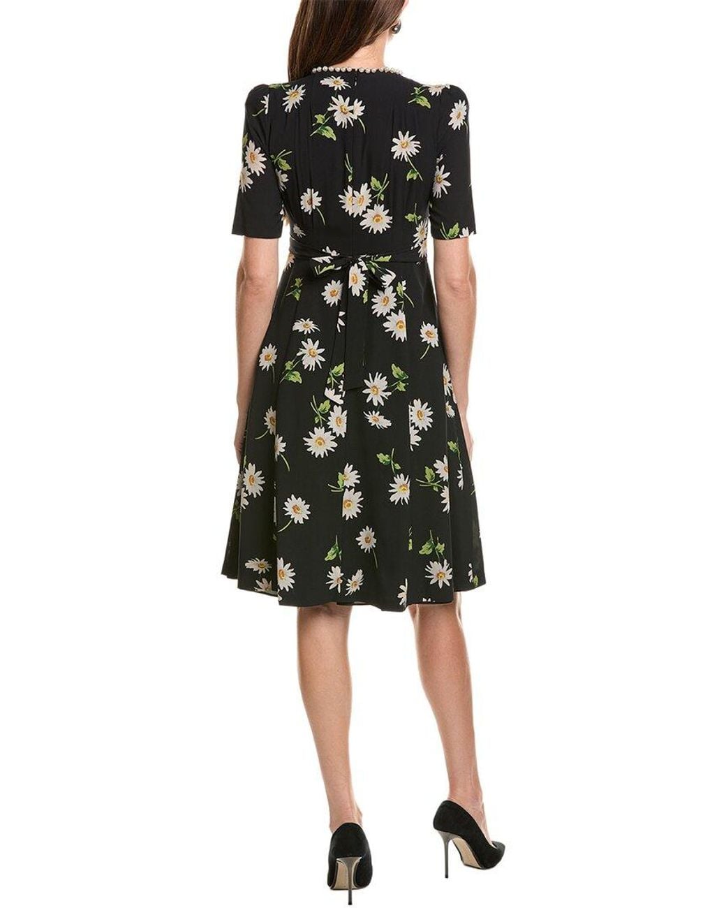 Teri Jon Black Crepe Daisy Print Pearl-Trim A-Line Dress