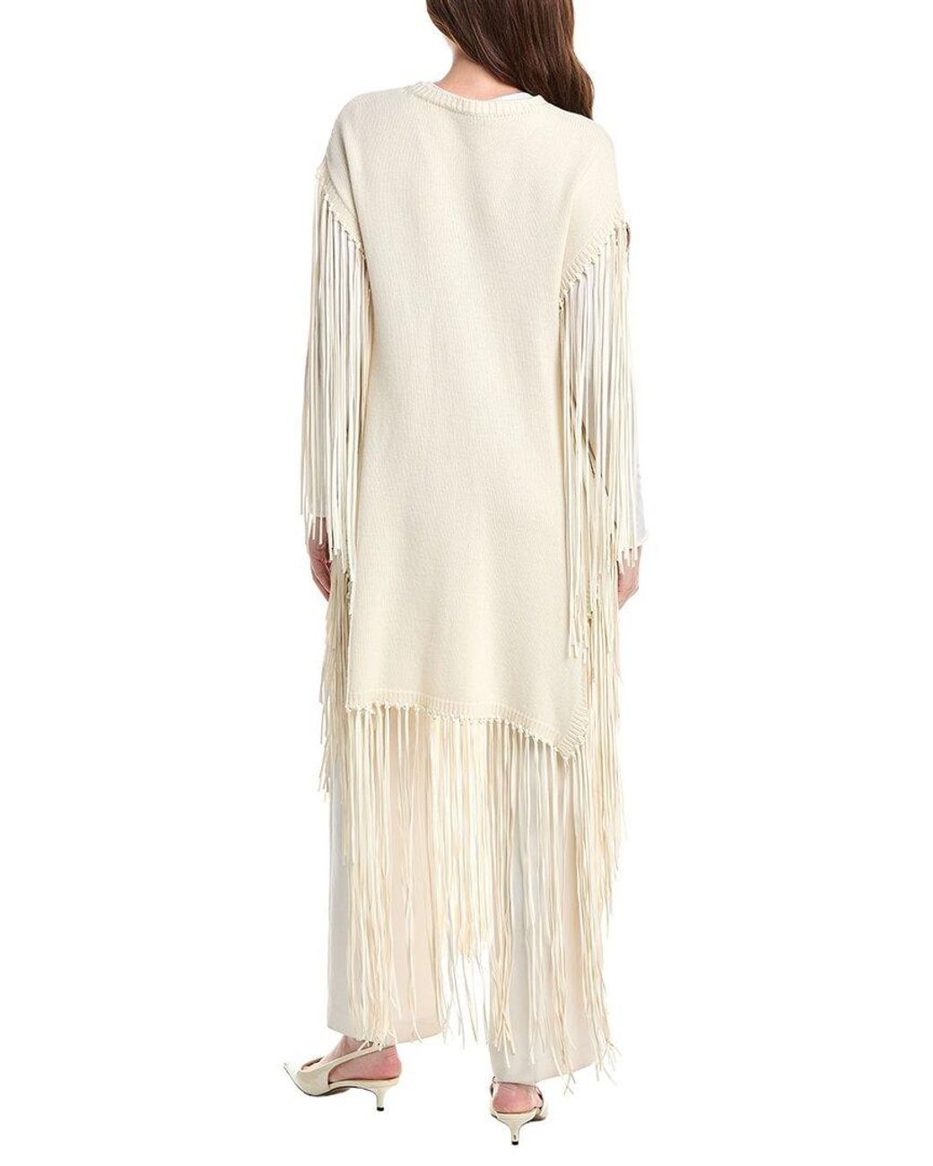Valentino White Leather Fringe Wool & Cashmere-Blend Poncho