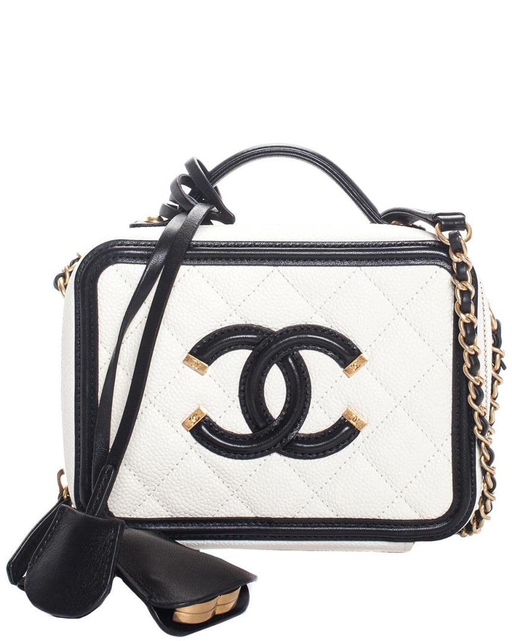 Chanel White & Black Quilted Caviar Leather Cc Filigree Small Vanity Case |  Lyst
