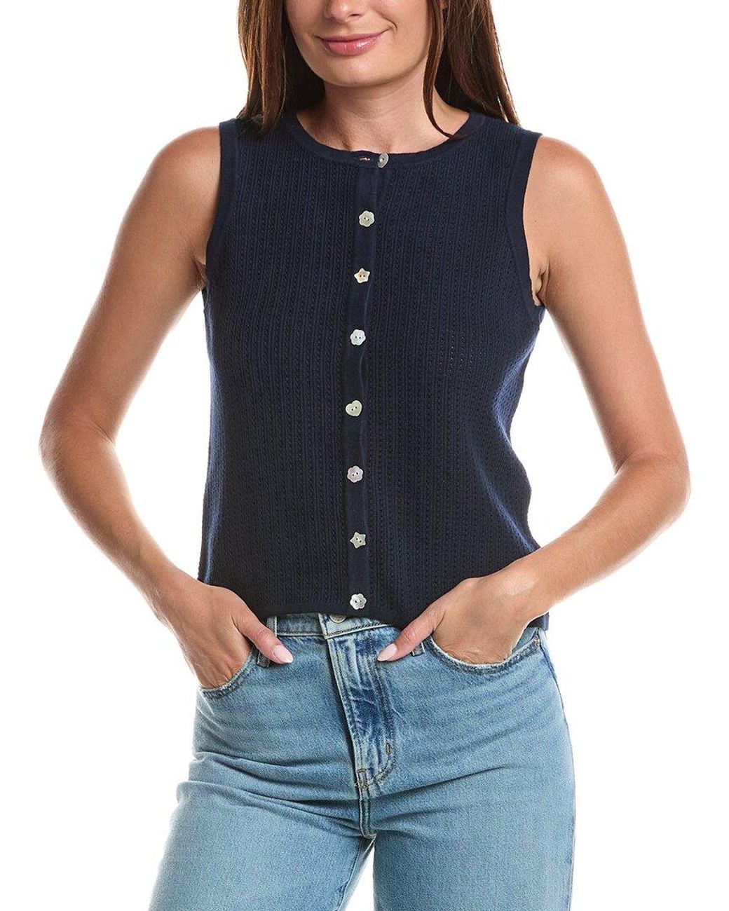 Cece Blue Pointelle Button Up Top