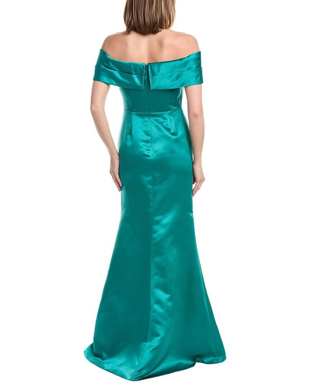 Rene Ruiz Green Off-The-Shoulder Satin Gown