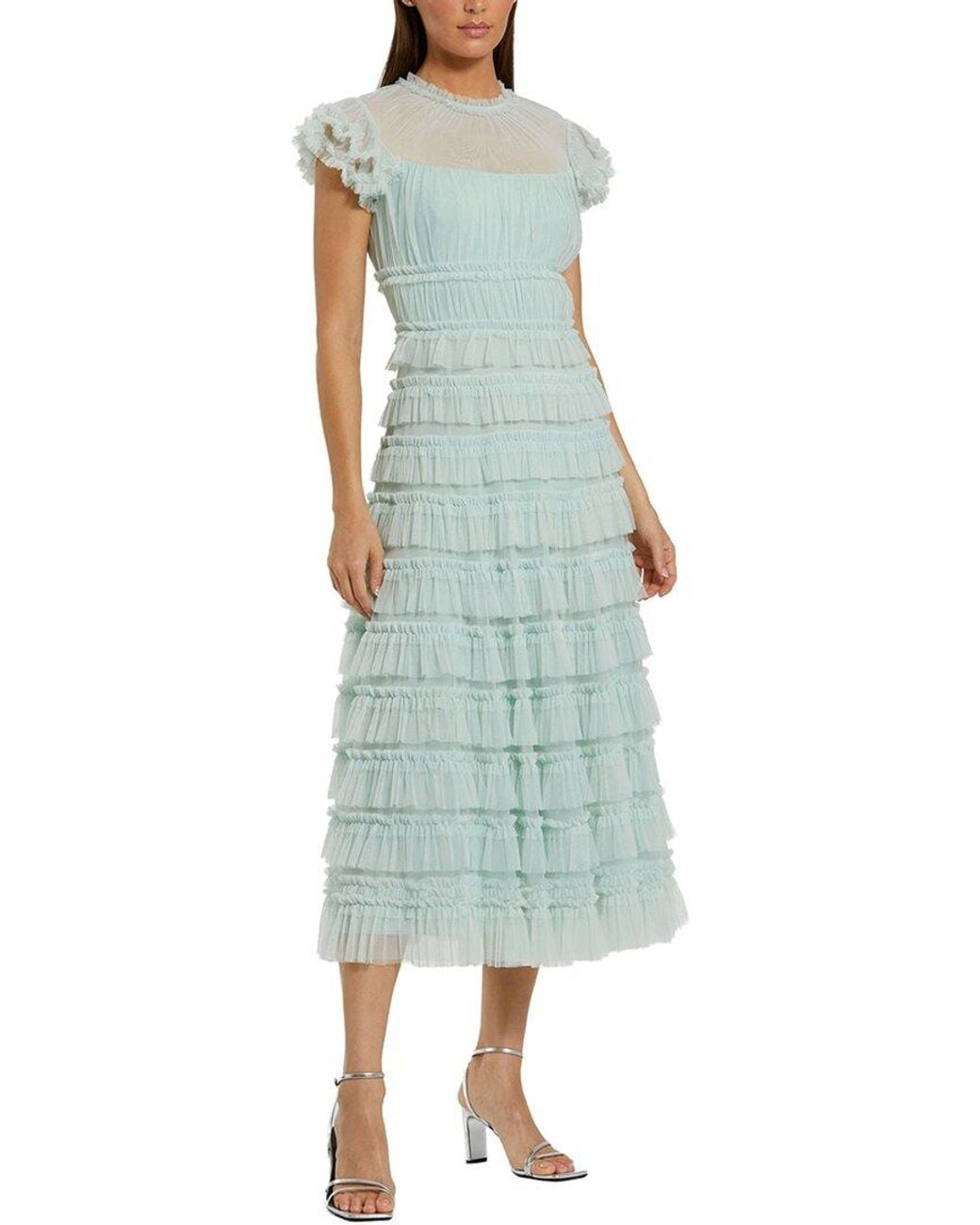 Mac Duggal Green Mesh Micro Ruffle High Neck Cap Sleeve Midi Dress