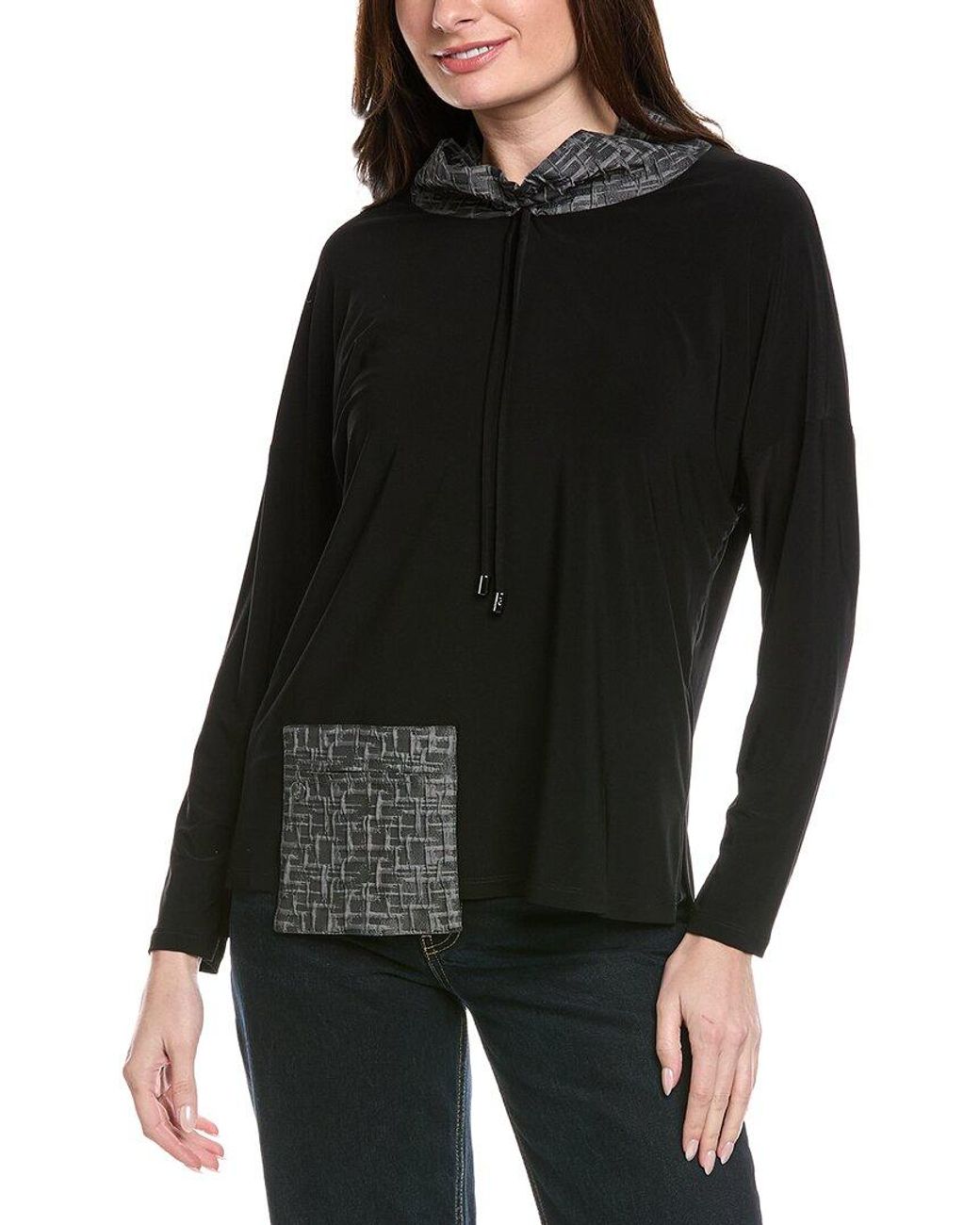 Joseph Ribkoff Black Textured Trim Drawstring Top