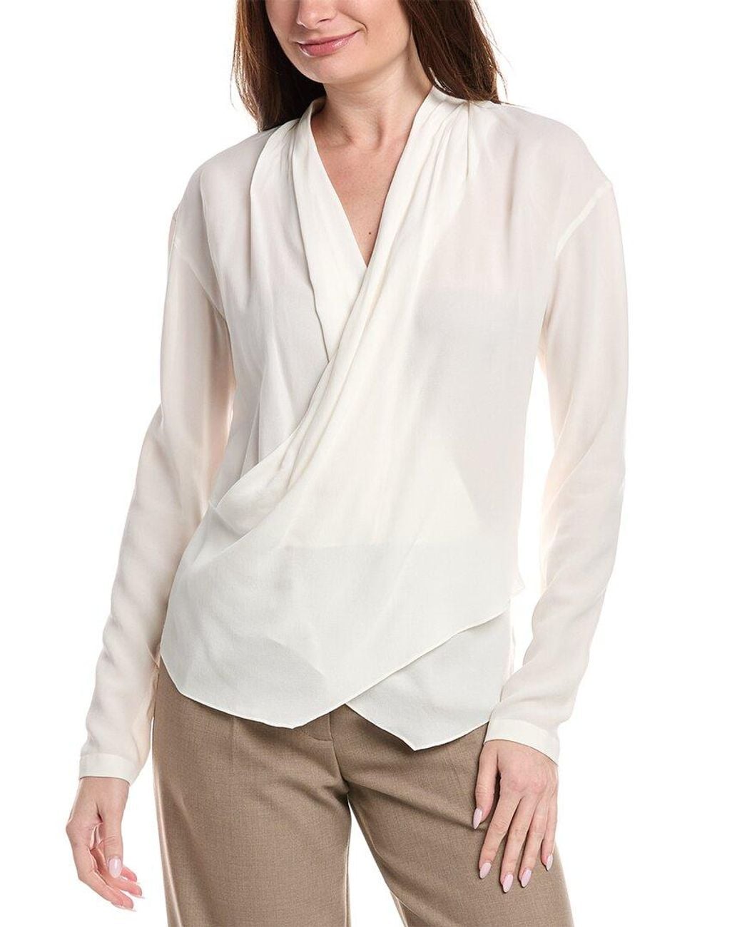 Brunello Cucinelli White Surplice Silk Blouse