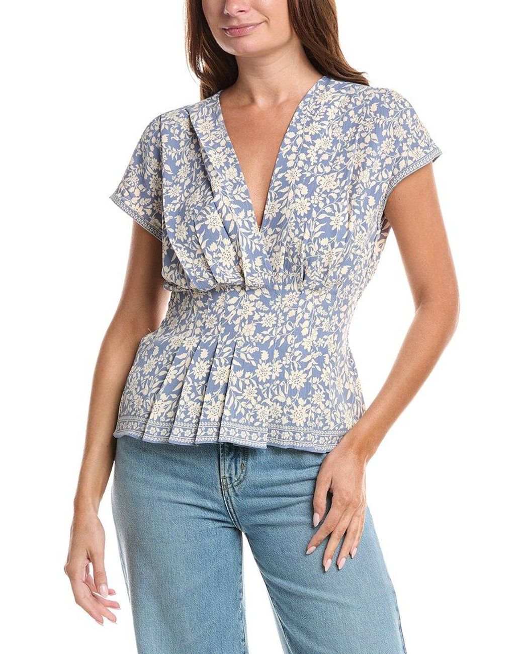 Max Studio Blue Short Sleeve Pleat Front Blouse