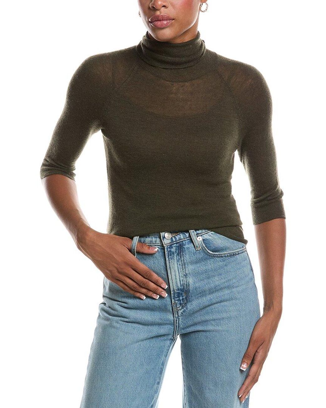 Autumn Cashmere Green Fitted Sheer Elbow Sleeve Turtleneck 100% Cashmere Sweater