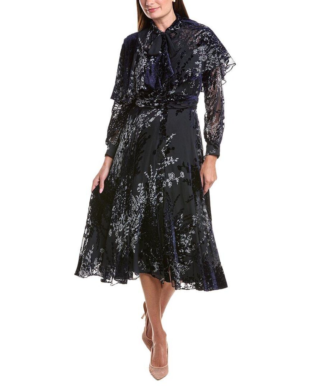 Teri Jon Black Floral Velvet Dress Tie-Neck Cape Dress