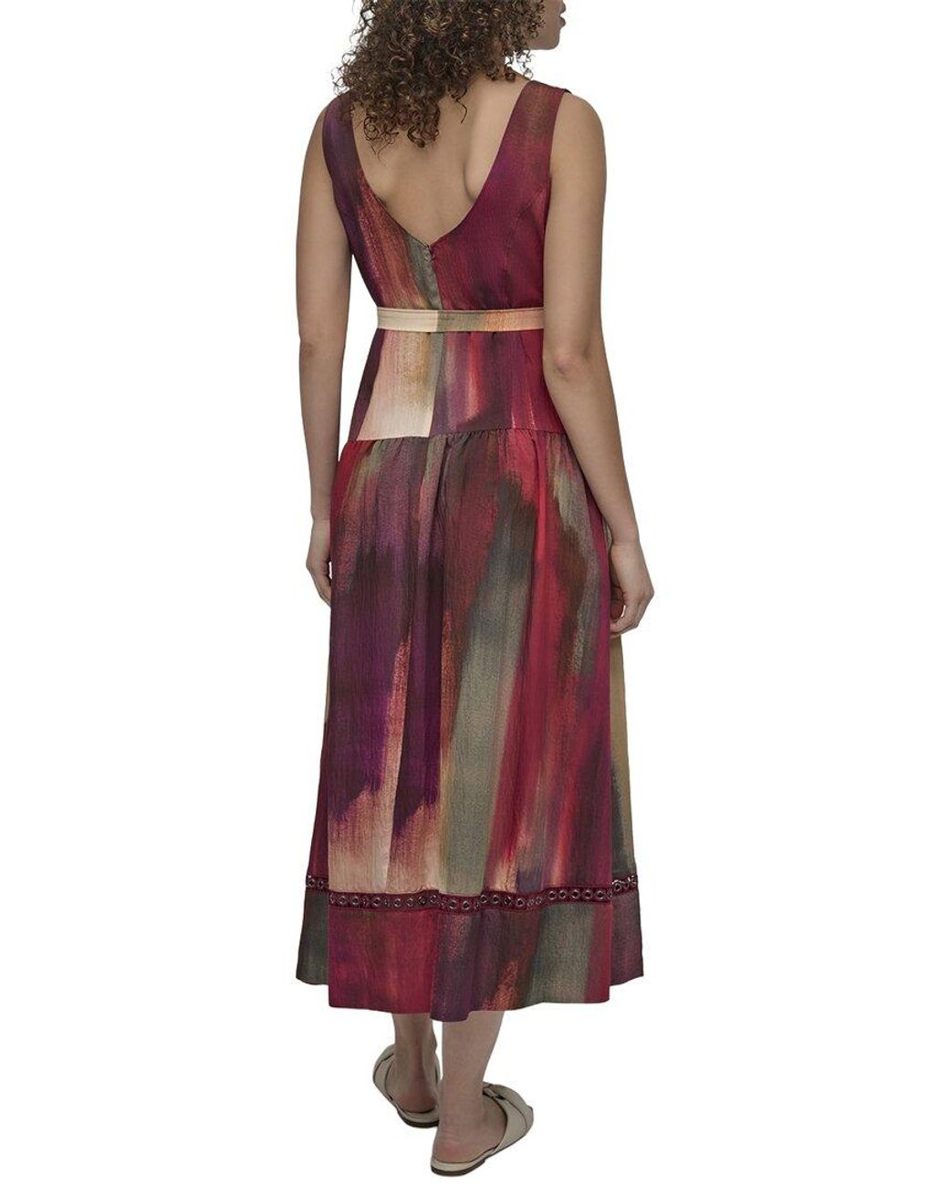 DKNY Red V-Neck Belted Dress