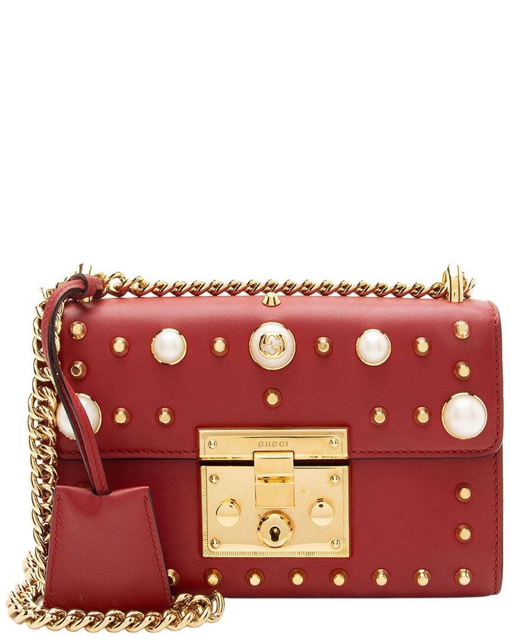 Gucci Red Leather Pearl Stud Padlock Small Shoulder Bag (authentic Pre-loved)