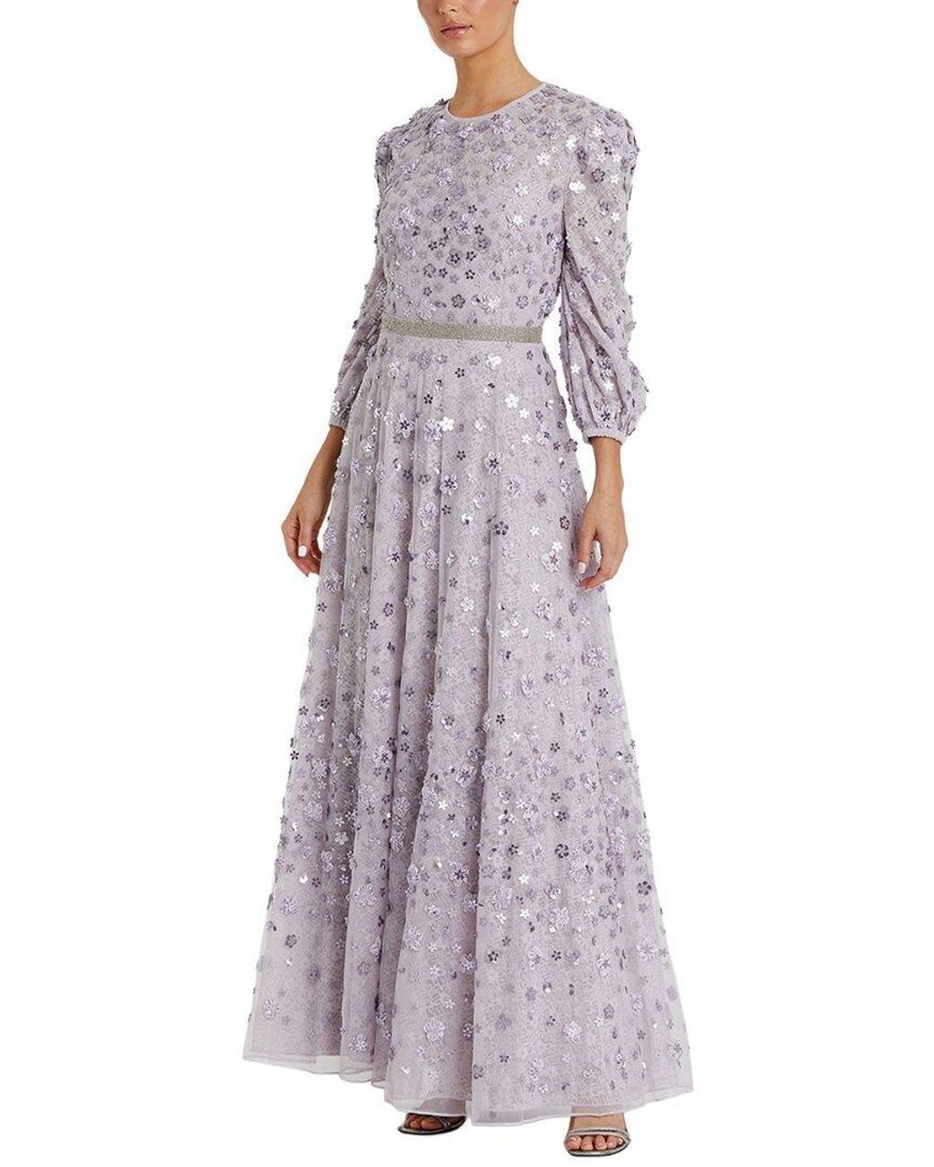 Mac Duggal Purple Floral Beaded Mesh Puff Sleeve A Line Gown