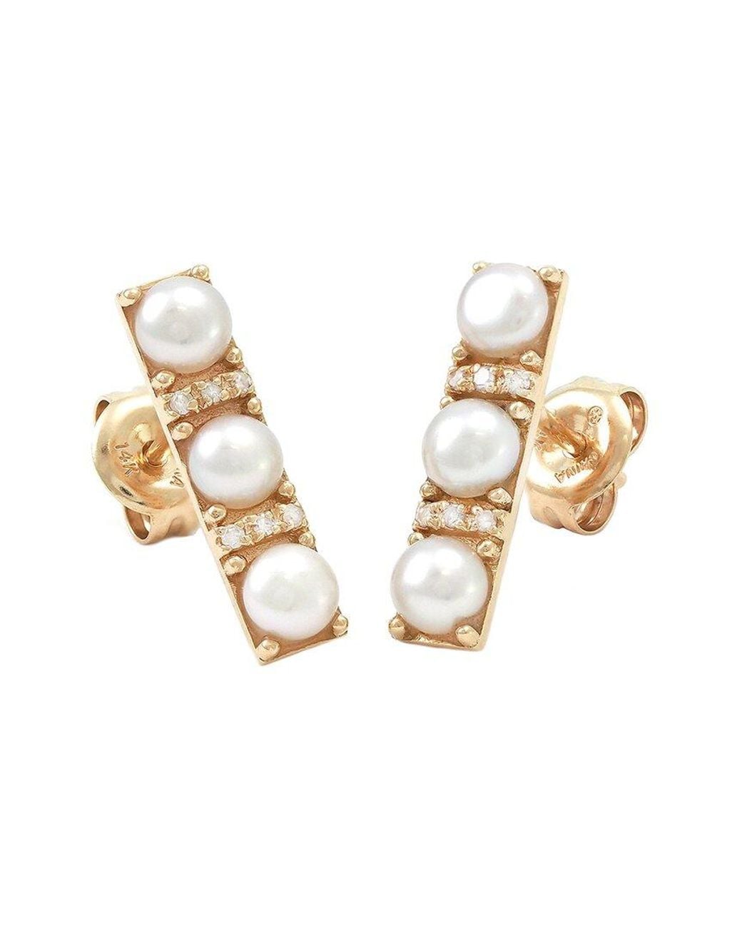 Gemstones Metallic 0.04 Ct. Tw. Diamond & 3-4Mm Pearl 14K Earrings