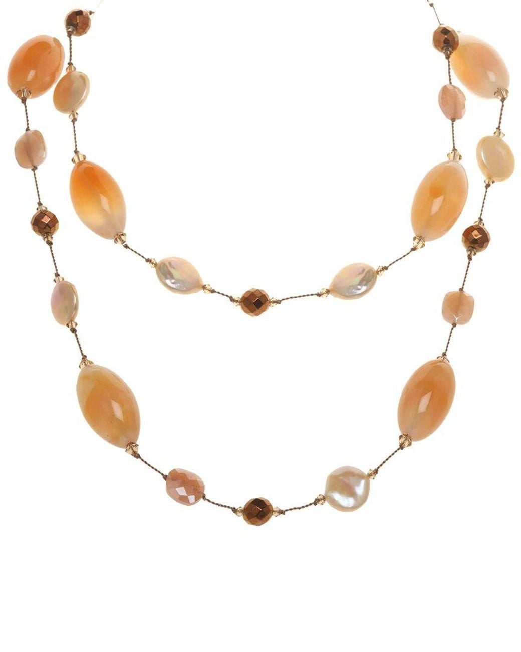 Margo Morrison White Peach Coated Moonstone, Carnelian, Hematite & Pearl Necklace
