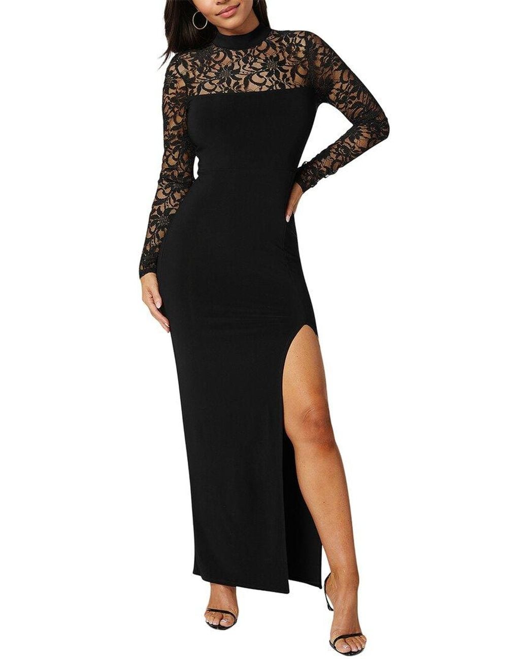 Bebe Black Mock Neck Lace Bodice Maxi Dress