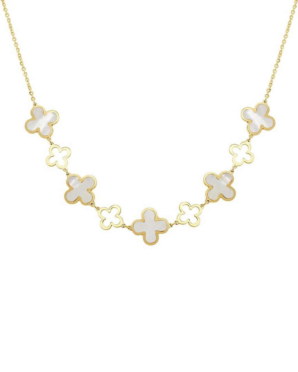 Italian Gold Metallic 14K Mother Of Pearl Station Layered Clover Necklace