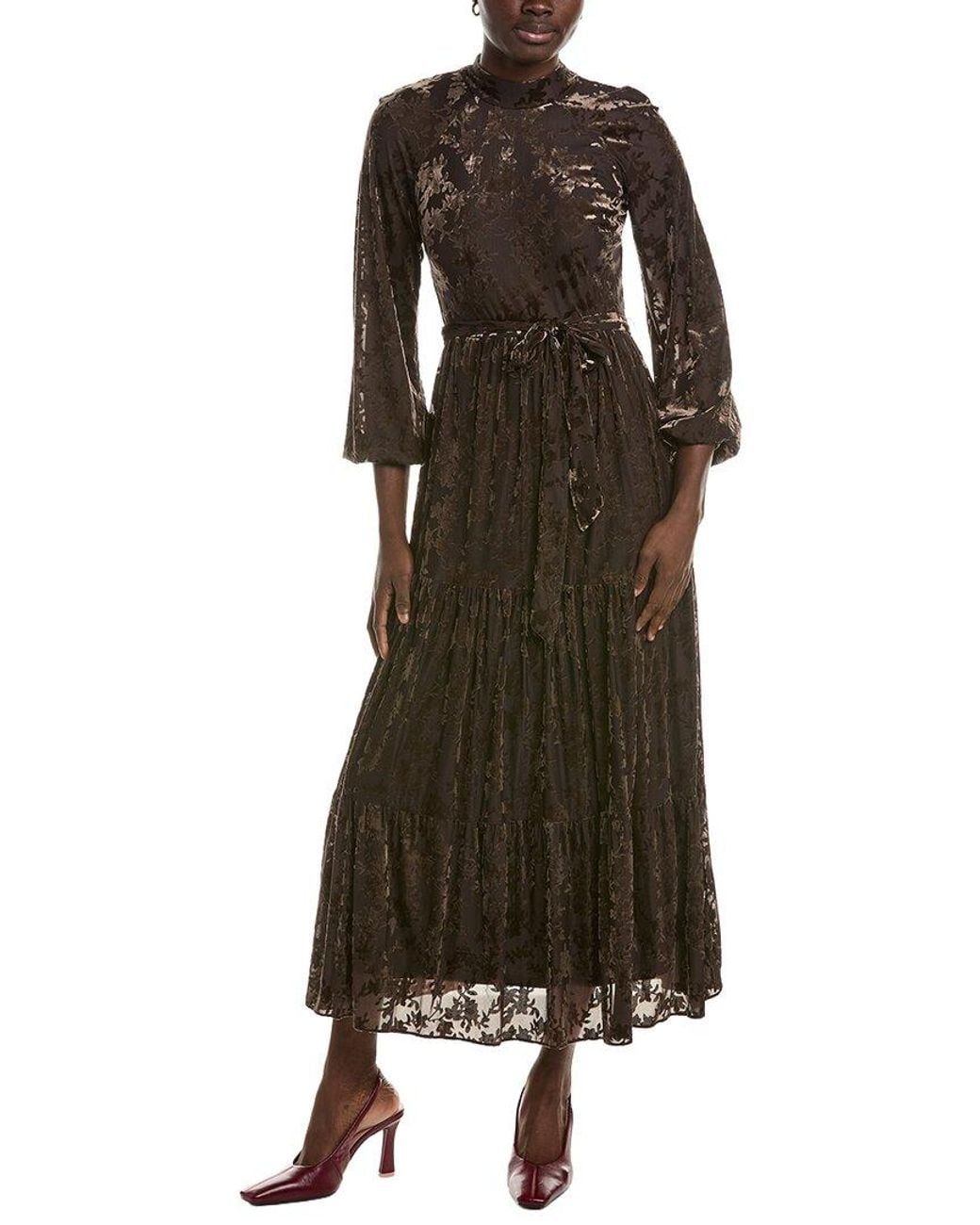 Maison Tara Brown Velvet Burnout Midi Dress