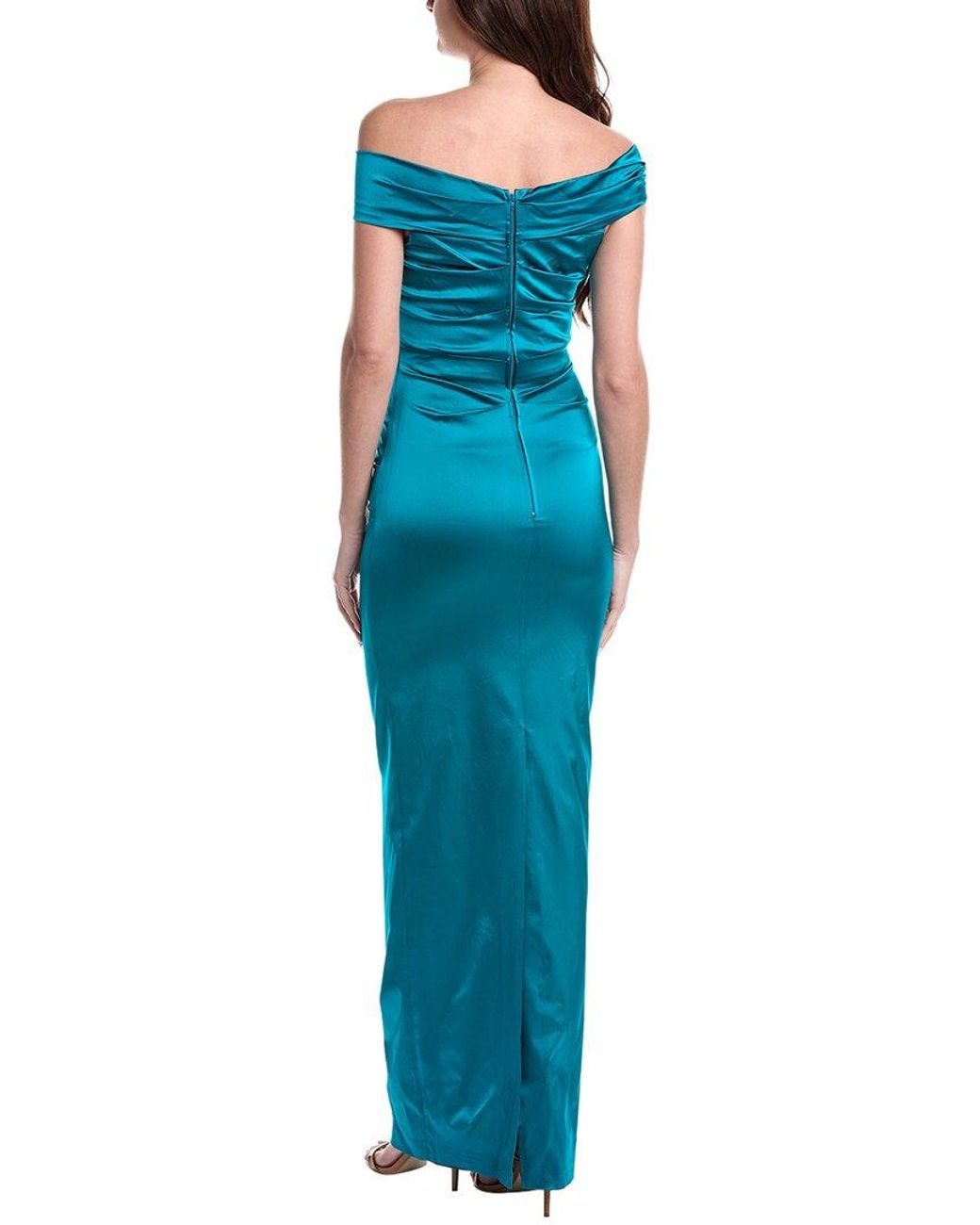 Teri Jon Blue Satin Ruched Asymmetrical Off Shoulder Gown
