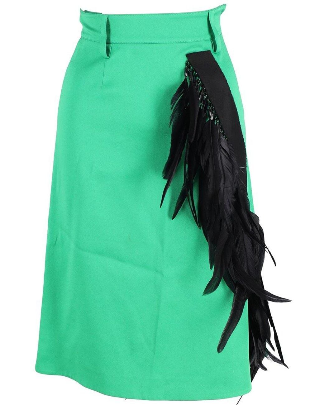 Prada Green Feather-Trimmed Knee-Length A-Line Skirt, Size Eu (Authentic Pre- Loved)