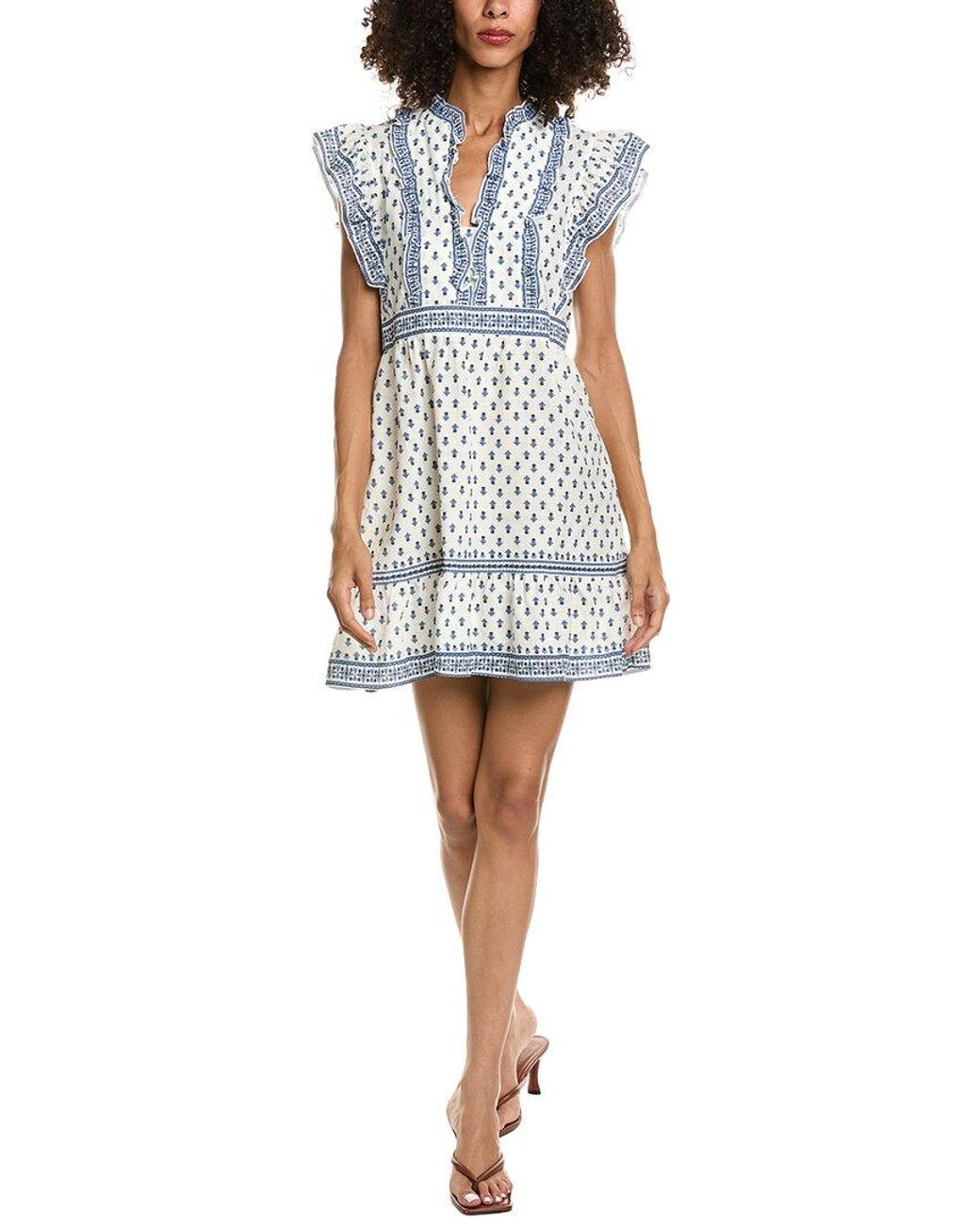 Max Studio Blue Ruffle Sleeve Split Neck Mini Dress