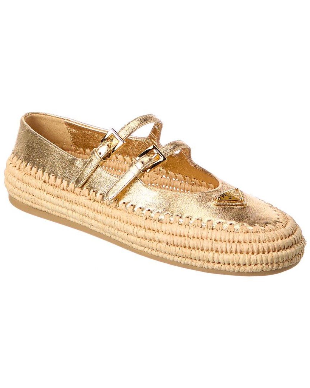Prada White Logo Leather & Raffia Ballet Flat