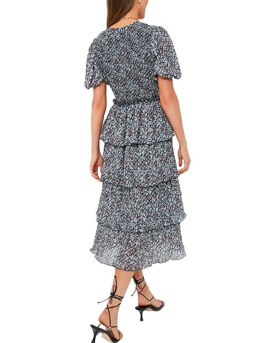 Ganni Blue Phantom Pleated Georgette Layer Smock Midi Dress