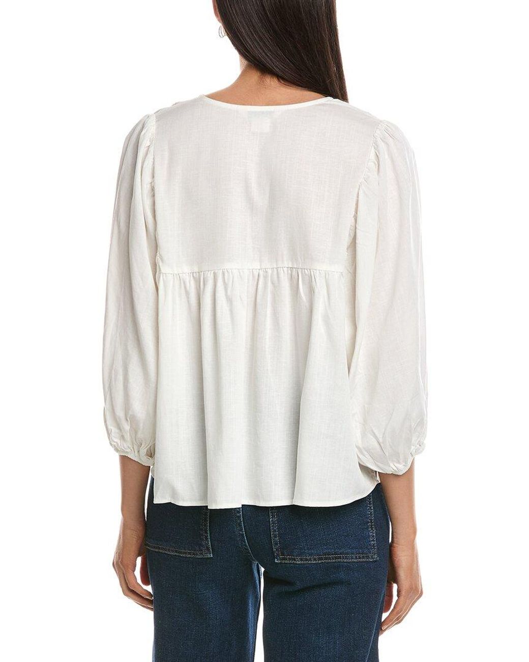 Nanette Lepore White Balloon Sleeve Linen-Blend Blouse