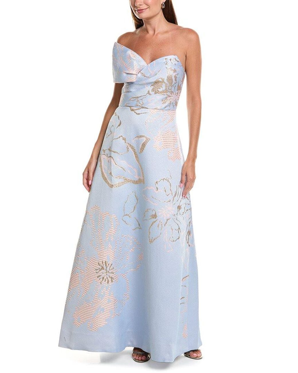 Teri Jon Blue Metallic Jacquard Side Bow A-Line Dress
