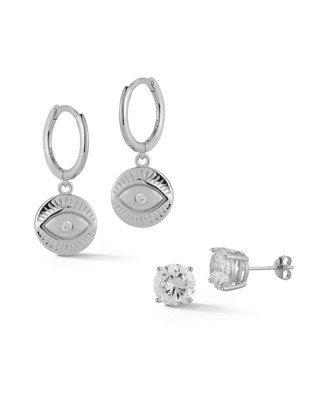 Glaze Jewelry Metallic Rhodium Plated Cz Set Of Evil Eye Huggie Earrings