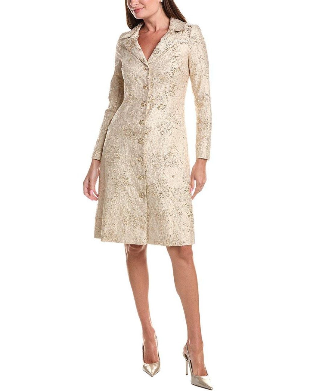 Teri Jon Natural Metallic Jacquard Button Coat Dress