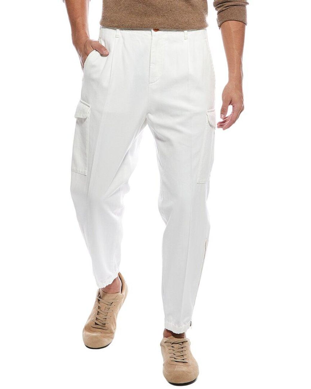 Brunello Cucinelli White Pleated Cargo Pant for men