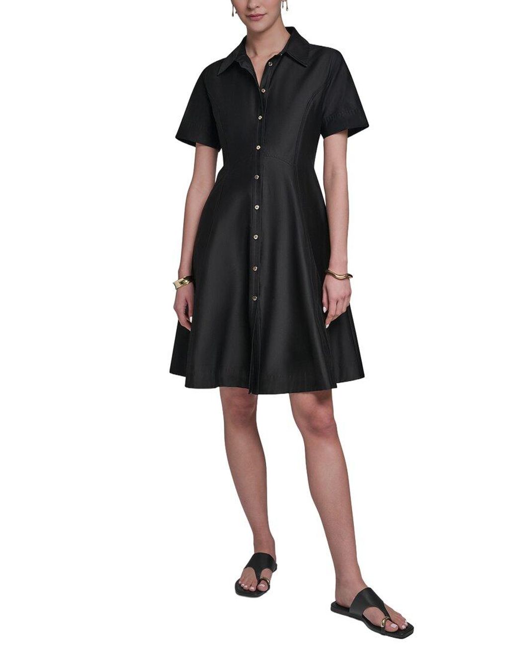 Halston Heritage Black Short Sleeve Button-Up Sateen Shirtdress