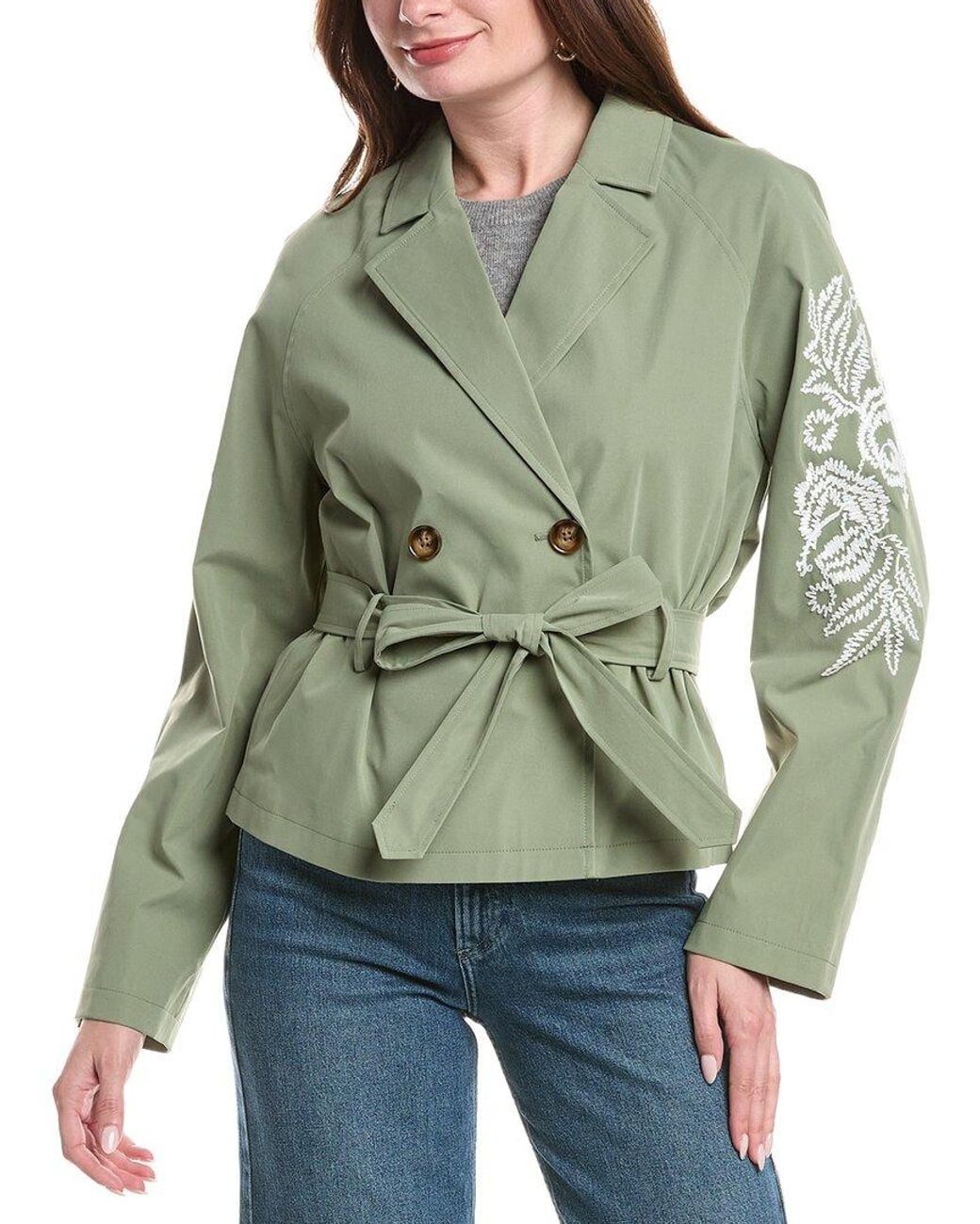 NVLT Green Cropped Embroidered Double-Breasted Belted Trench Coat