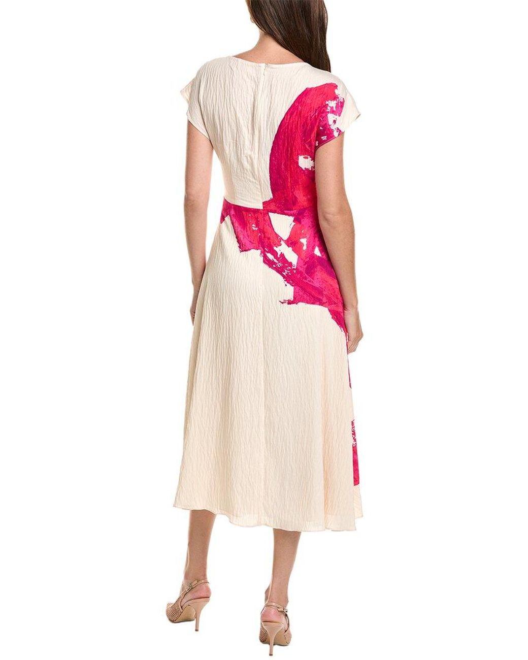 Teri Jon Pink Crinkle Cap Sleeve Place Print A-Line Dress