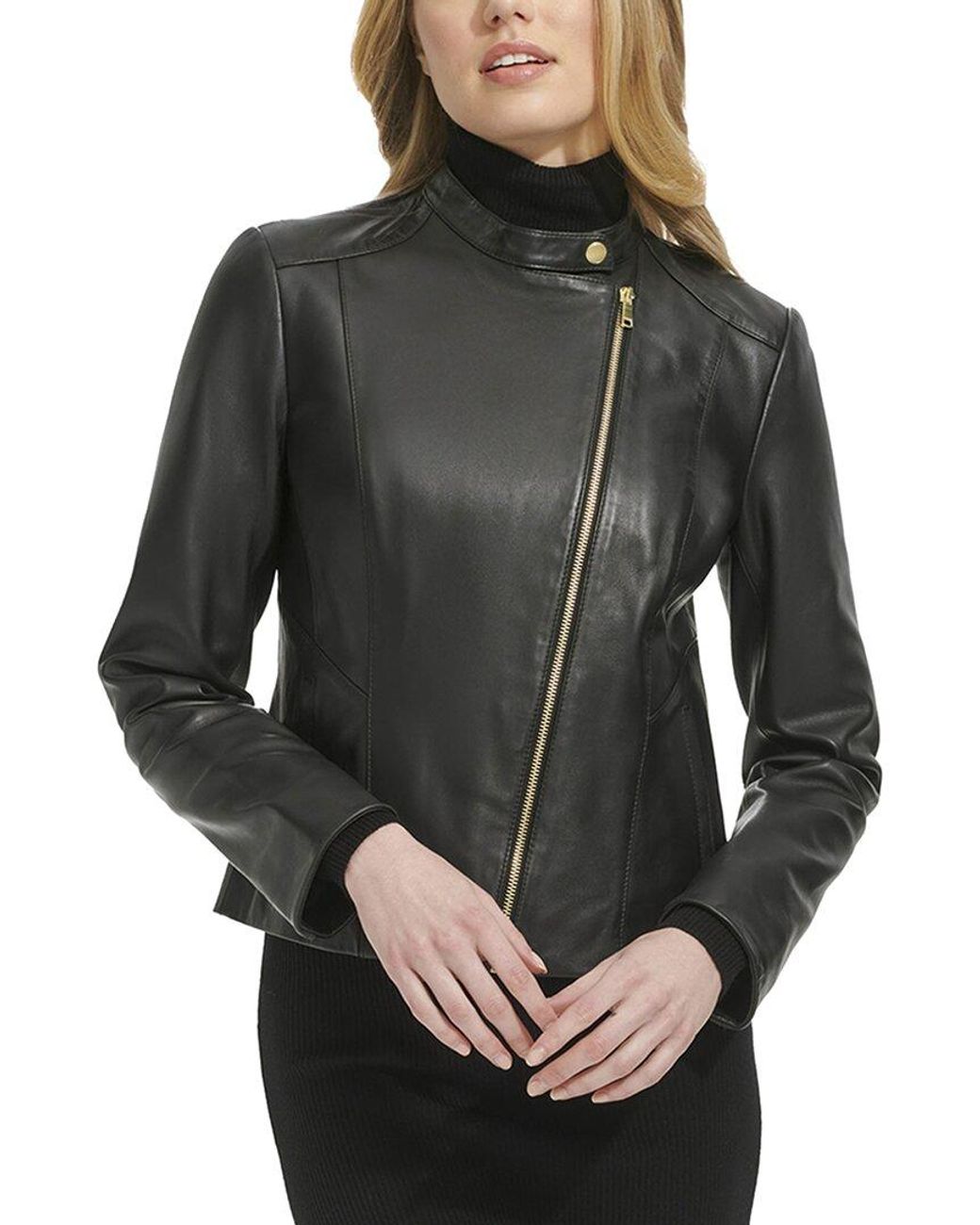 Cole Haan Gray Leather Stand Collar Racer Jacket