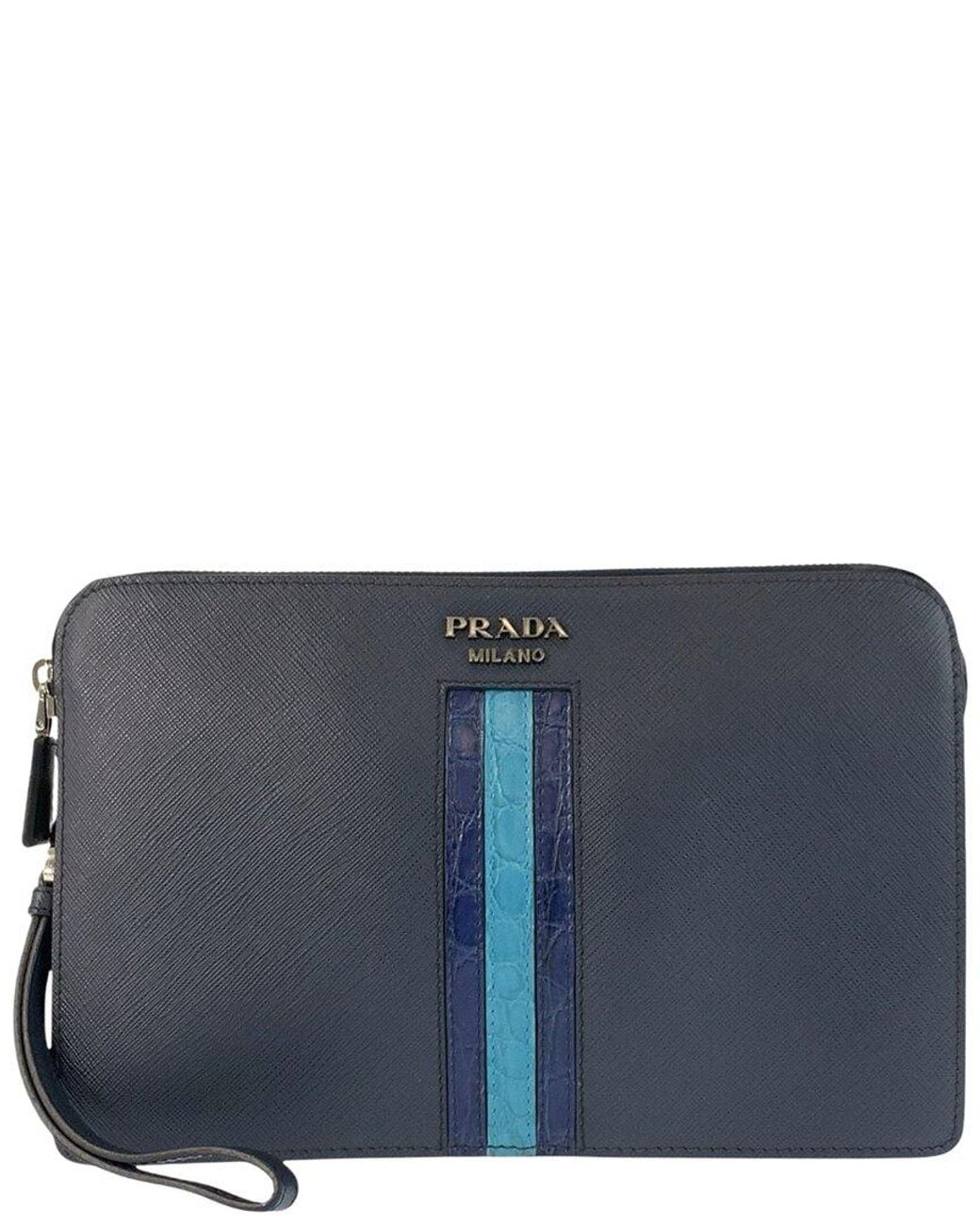 Prada Blue Saffiano Leather Crocodile Clutch (Authentic Pre-Loved)