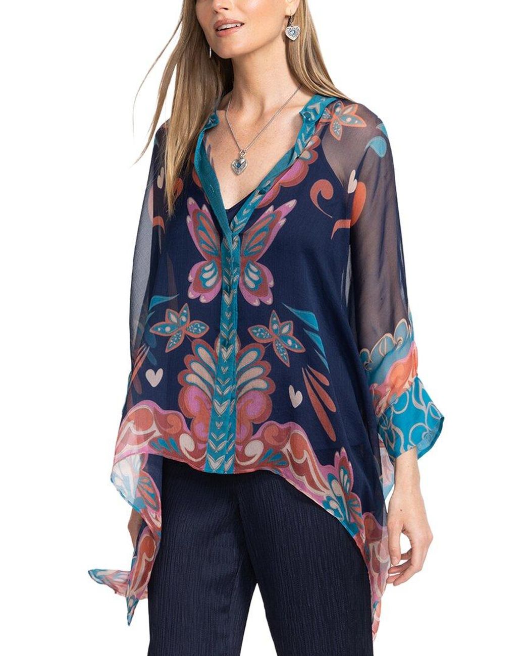 Johnny Was Blue Katia Silk Blouse