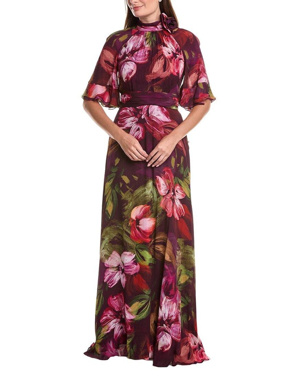 Teri Jon Red Chiffon Floral Flutter Sleeve Maxi Gown