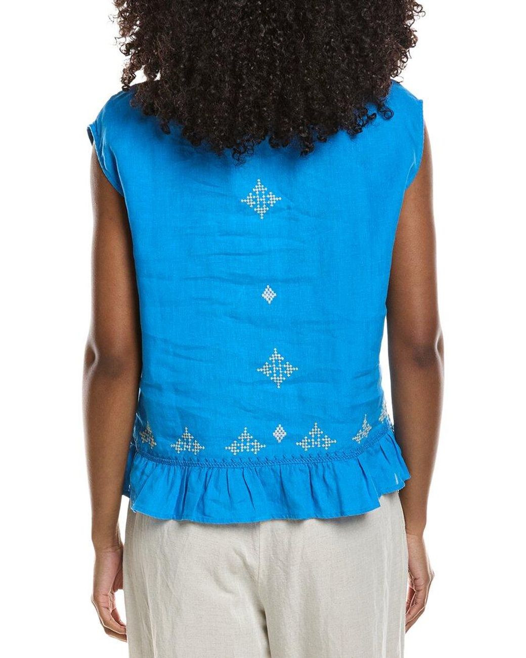Johnny Was Blue Peplum Cap Sleeve Linen Blouse