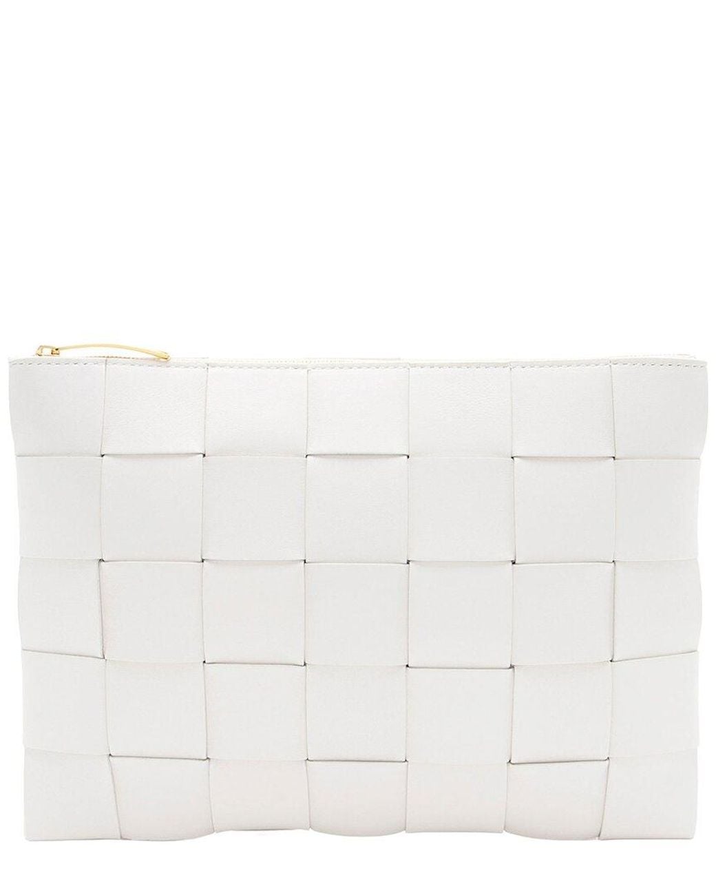 Bottega Veneta White Intrecciato Leather Cassette Medium Flat Zip Pouch (authentic Pre-loved)