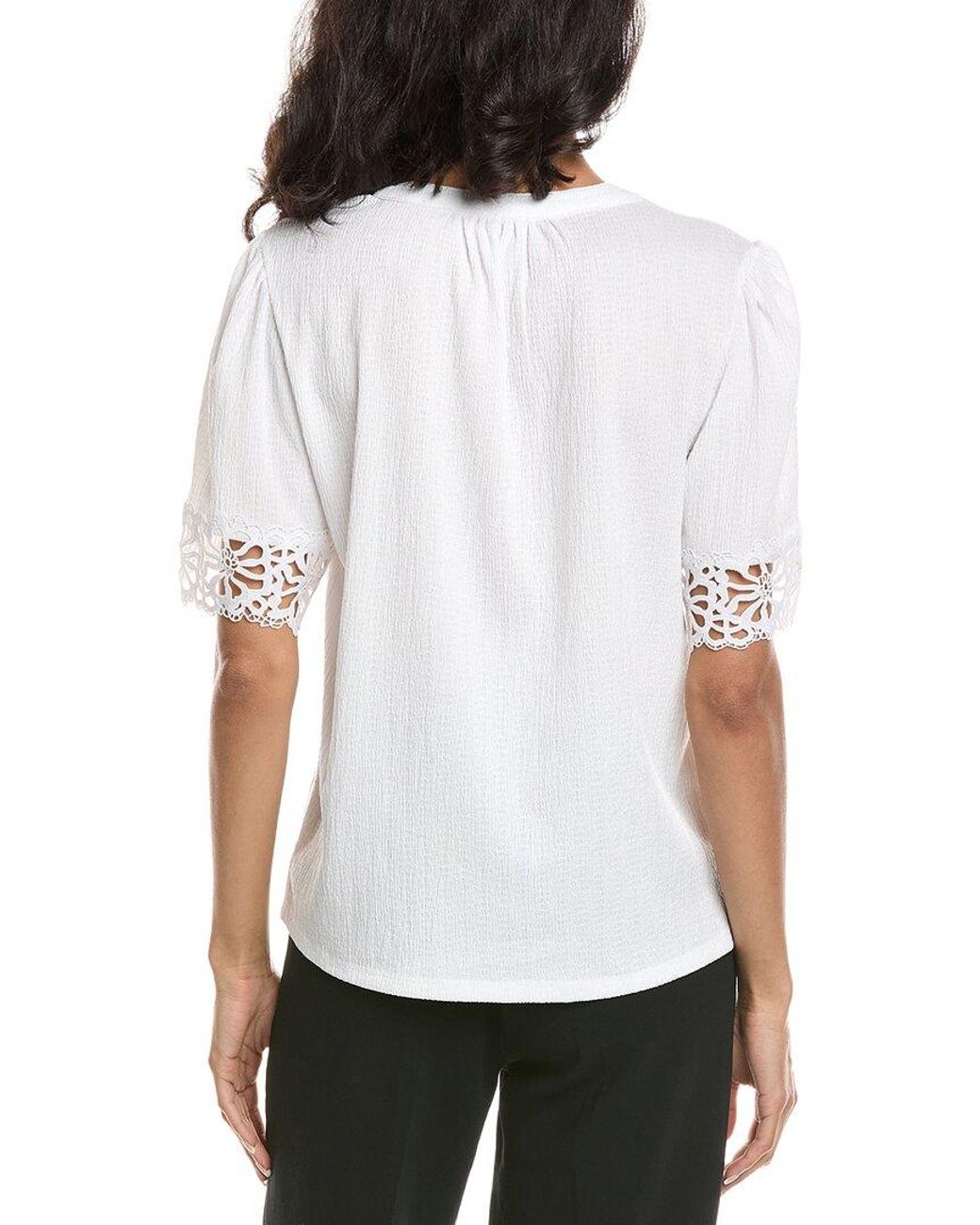 Anne Klein White Flutter Sleeve Lace-Trim Top
