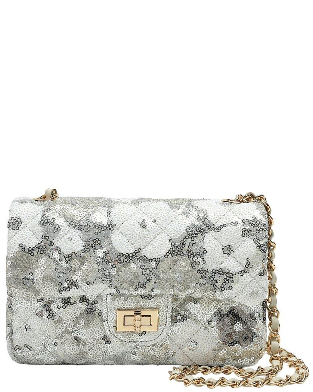 Tiffany & Fred Paris Gray Sequin & Leather Quilted Shoulder Bag